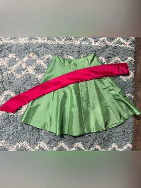 David's Bridal Green Satin Skirt with Bright Pink Sash